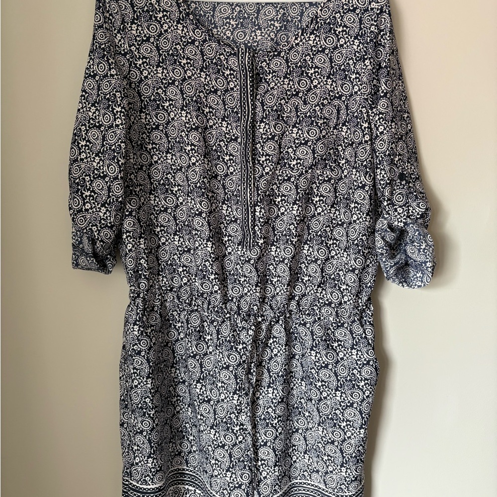 LOFT Navy Blue and White Patterned Shorts Jumpsuit, Size 10